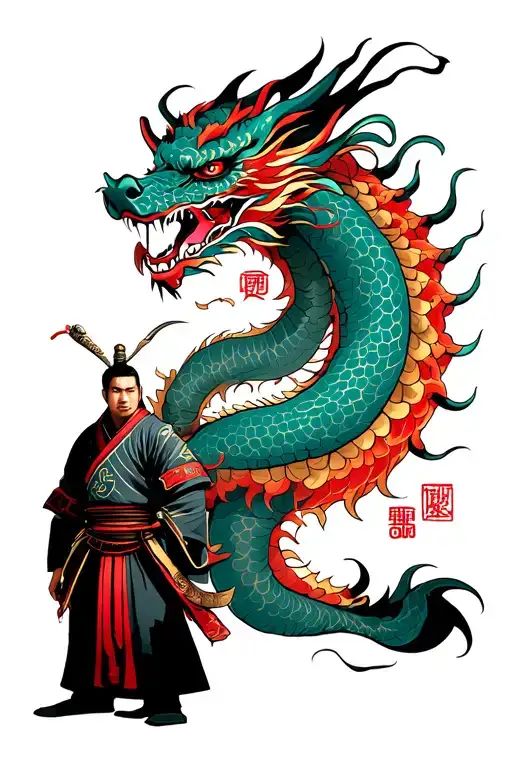 Samurai Stands In Front Of The Dragon