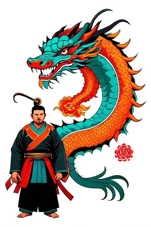 Samurai Stands In Front Of The Dragon