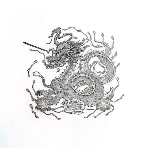 Samurai With Dragon With Flowers