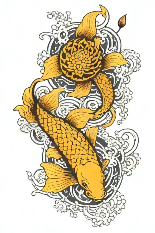 Koi Fish Yin Yang Lotus Flower Intertwined