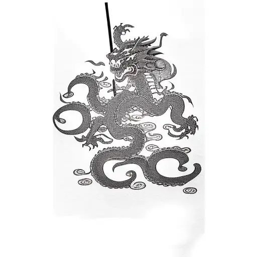 Samurai With A Dragon Surrounding The Temple And A Cherry Blossom Tree