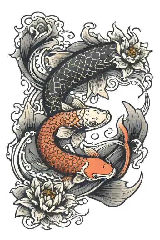 Koi Fish Yin Yang Lotus Flower Intertwined