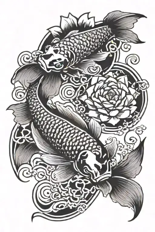 Koi Fish Yin Yang Lotus Flower Growing Behind Koi Fish