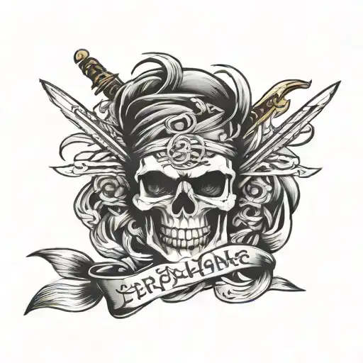 Sword Skull And Ribbon Wrapped Text Tattoo Design