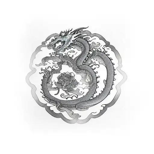 Dragon With Roses And Samurai With Shwords