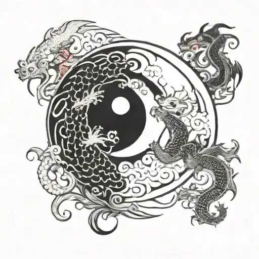 Yin Yang Symbol Surrounded Twin Dragons