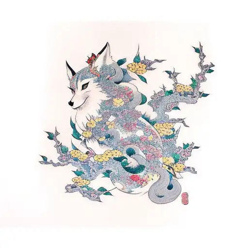 Kitsune With Cherre Blossom Tree