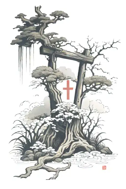 A Serene Forest With A Hidden Cross Among The Trees