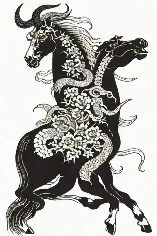 Oriental Horse With Snake And Capricorn Goat