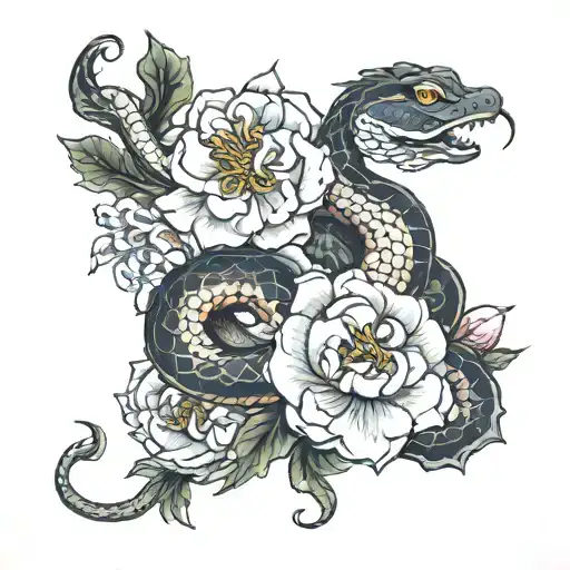 Snake And Peony Flower
