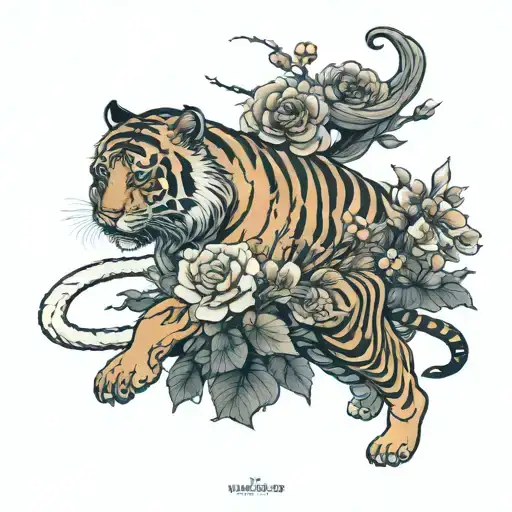 Tiger Walking With Flowers Growing
