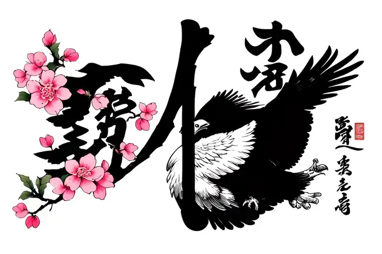 Cherry Blossom Tree And American Eagle With The Japanese Word Strength And Courage