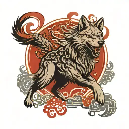 Wolf In Chinese Style In Red Color In Chaotic Order