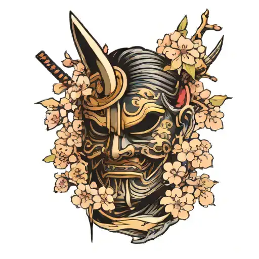 A Broken Samurai Mask With Cherry Blossoms Around It