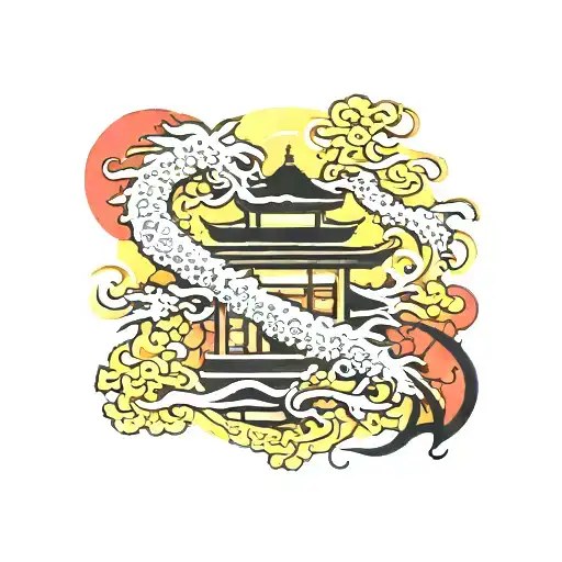 Japanese Written Characters With Cartoon Temple