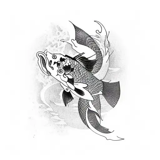 Koi Fish With Flowers In Black - Left Chest And Half Sleeve