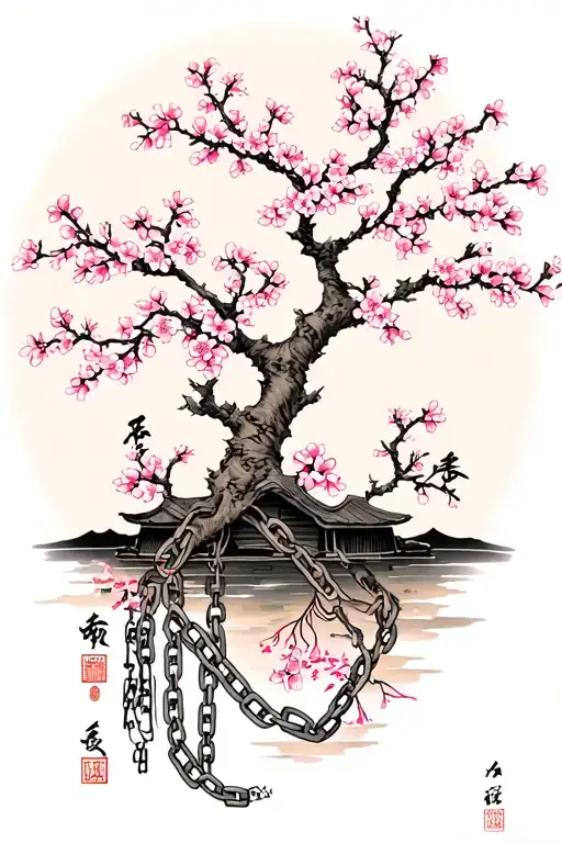 Cherry Blossom And Chain And A Tree