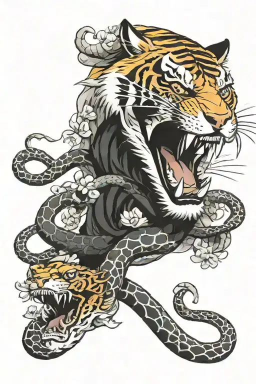Tiger Eating Snake With Skull