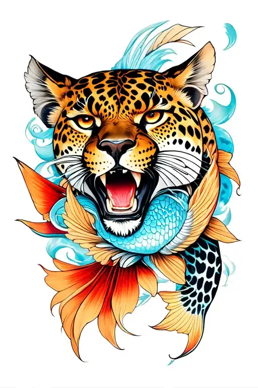 Leopard Head Front View With Fighting Fish Transforming