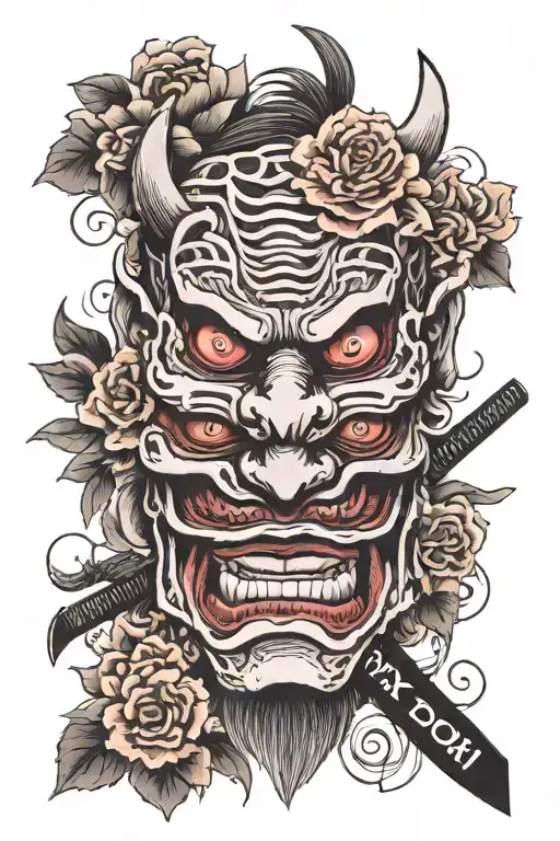 Oni Mask Split In Half By A Katana And Cherry Bloom Coming From The Middle