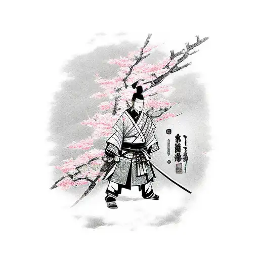 Samurai Standing Near By The Sakura And Holding Katana During The Sunset