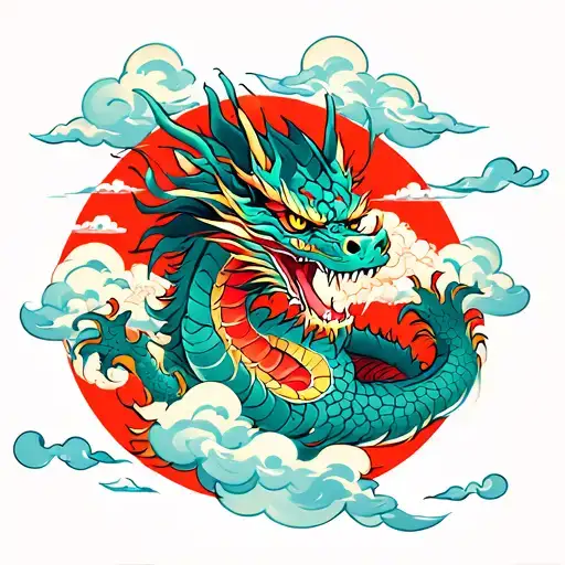 Asian Scary Dragon With Japanese Clouds Surrounding