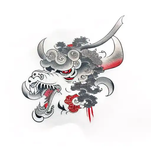 Samurai Head With Japanese Clouds Around