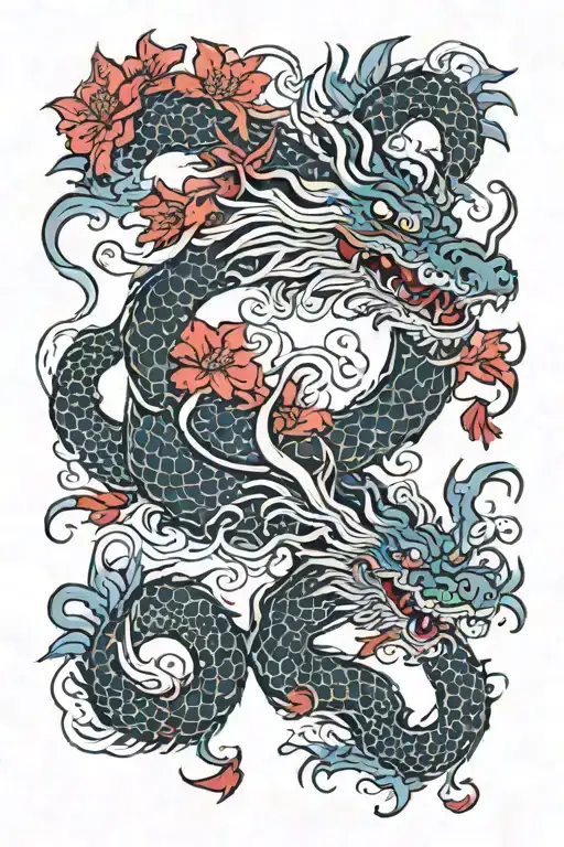 Japanese Dragon With Red Spider Lilies Intertwined