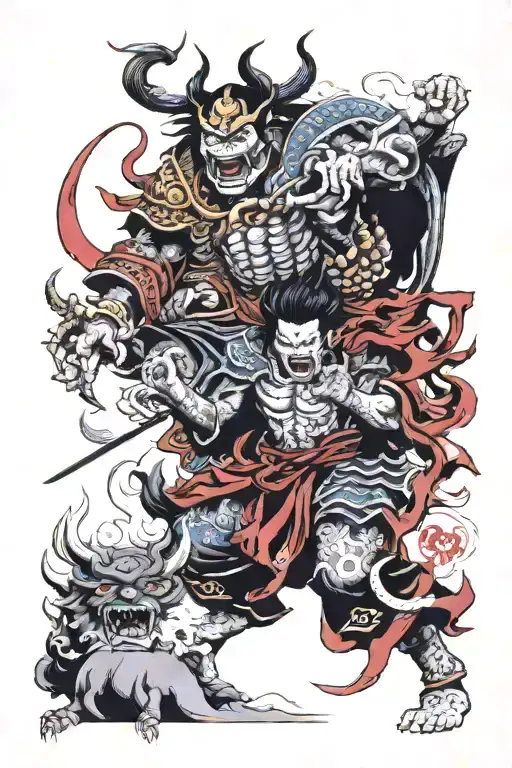 Warrior Battling Demons Fighting Another Man