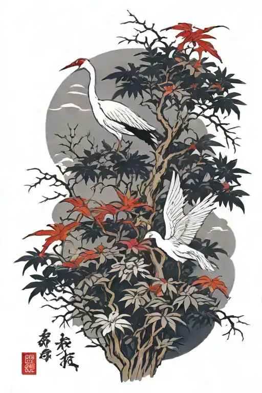 Japanese Maple Tree Surrounded By Red-crowed Crane
