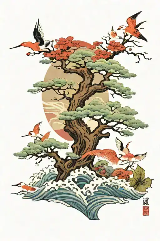 Japanese Autumn Tree Surrounded By Red Crowed Cranes And Ocean Waves