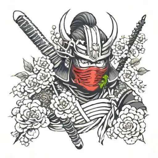 Samurai In A Mask They Are With Flowers