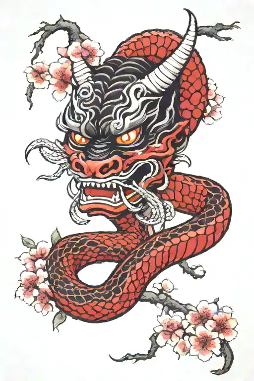 Traditional Japanese Dragon Hannya Mask Snake Cherry Blossom