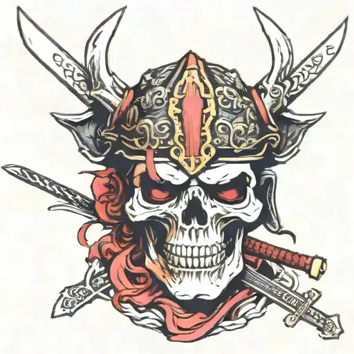Skull Wearing A Samurai Helmet