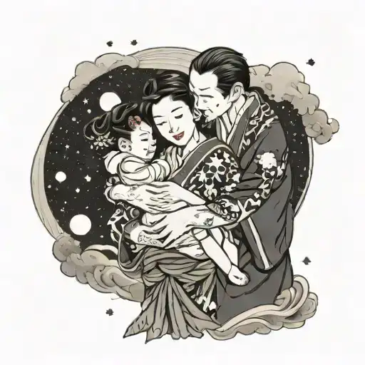 A Father Holding His Wife And Hugging His Daughter And Son In A Sky Full Of Stars By The Seashore