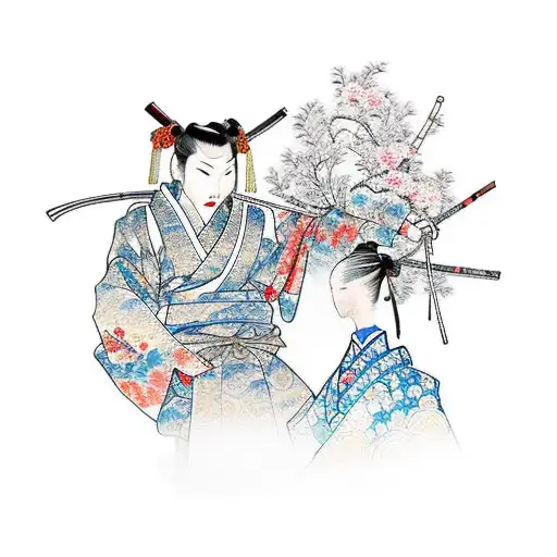Woman With Kimono Holding A Samurai