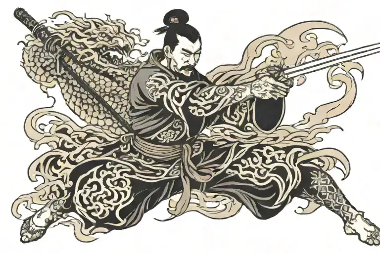 An Eastern Man Holding A Flaming Sword Horizontally Over His Shoulder