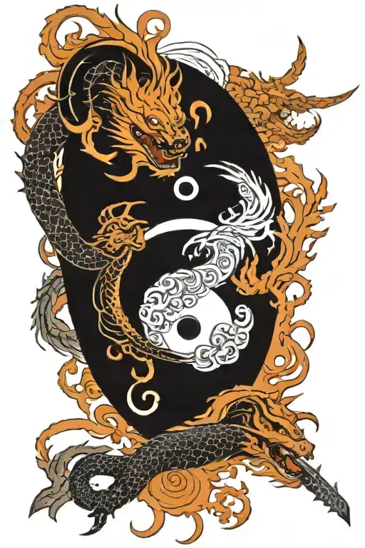 Yin Yang With Dragons And A Katana Going Through The Middle