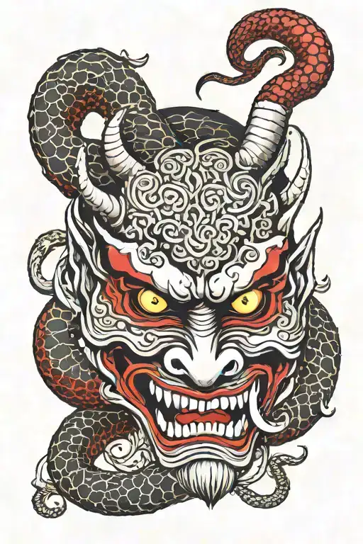 Japanese Demon Mask With A Snake Wrapped