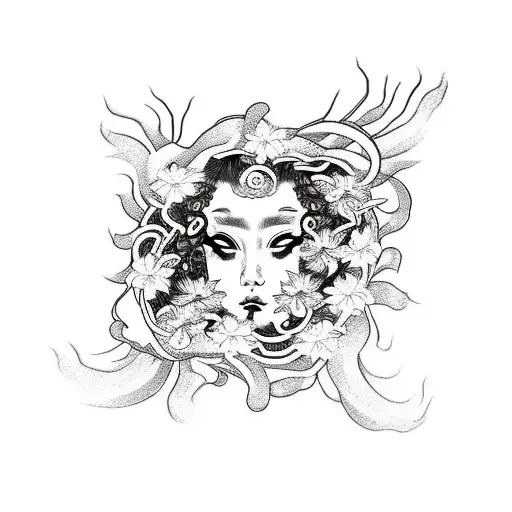 Medusa Surrounded By Cherry Blossoms And Spider Lily