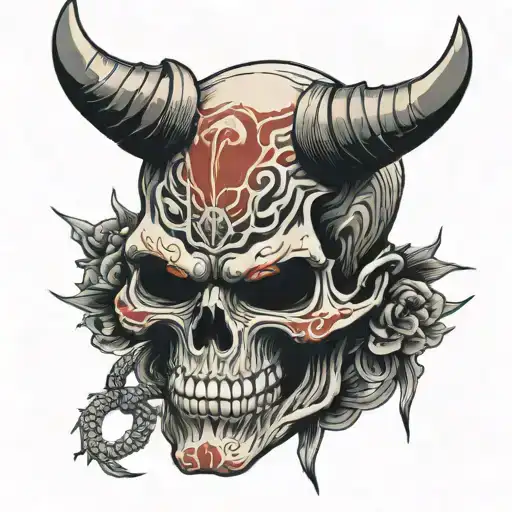 Skull Wearing Oni Mask