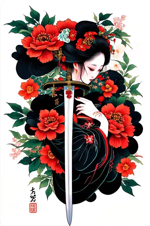 Geisha With Sword And Flowers Surrounding