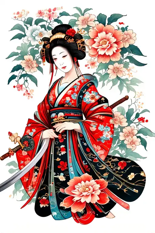 Geisha With Holding Sword And Flowers Surrounding Them