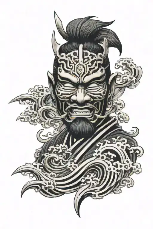 Tatto Samurai Mask With Waves Blacks