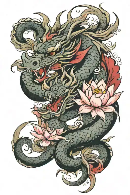 Dragon And Red Lotus Flower