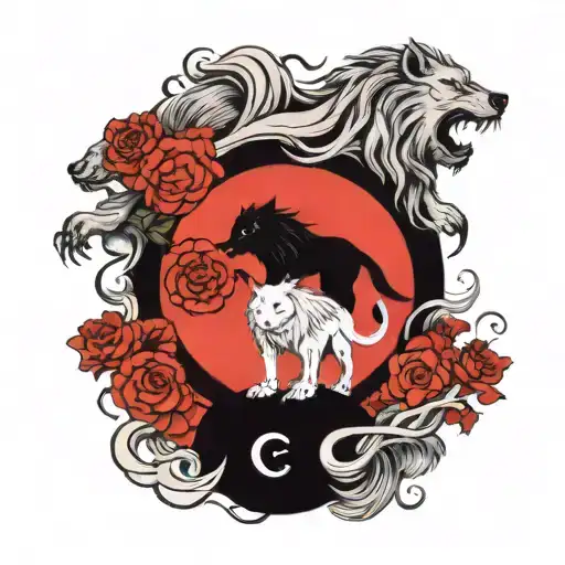 A Yin Yang Featuring A White Wolf Chasing A Black Crescent Moon And A Black Lion Chasing A White Sun