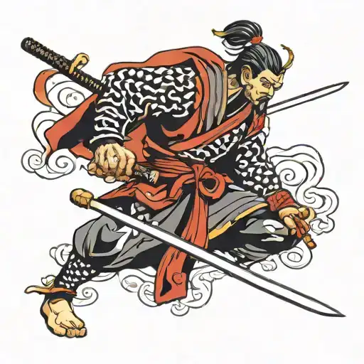 Male Samurai Ninja Coming Out Of Two Crossed Swords
