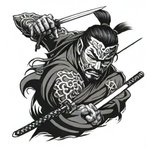 Male Samurai Head Ninja Coming Out Of Two Crossed Swords