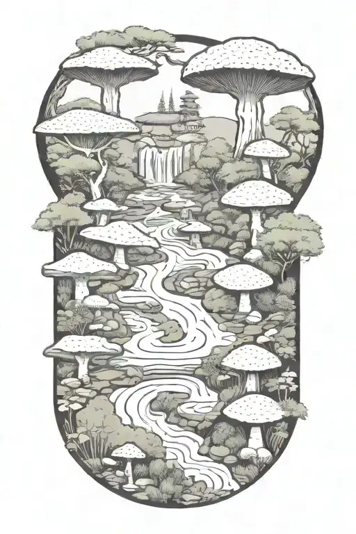 Japanese Rock Garden With Local Mushrooms Outlined With Banboo Waterfall