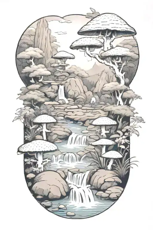 Japanese Rock Garden With Local Mushrooms Outlined With Banboo Waterfall